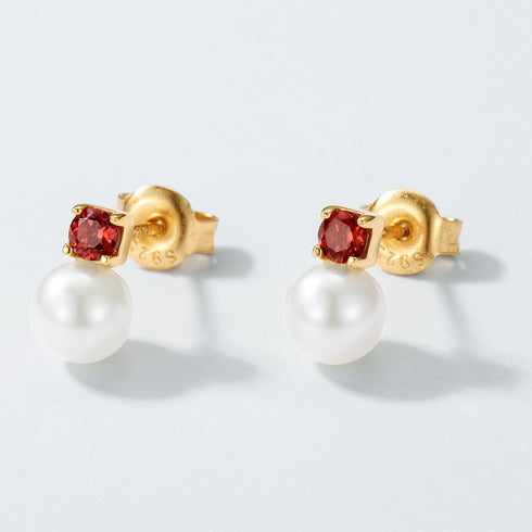 Red Zirconia Pearl Stud Earrings